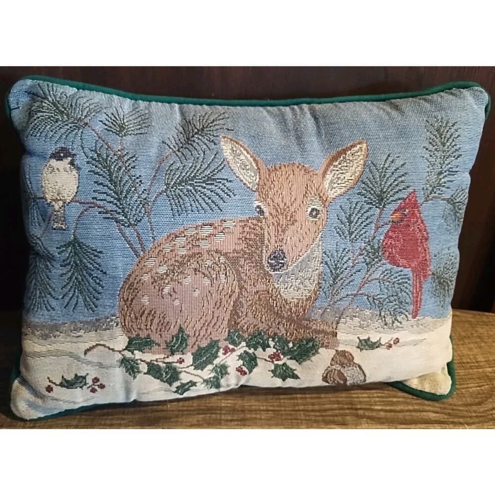 Holiday Deer Birds Christmas Tapestry Pillow 11 X 15 In Rectangular Throw Couch
